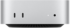 Mac mini, предна част, два Thunderbolt порта, светлинен индикатор за състояние и жак за слушалки, конусовидна черна основа отдолу, плосък отгоре, заоблени страни, прави ръбове, цвят сребърно