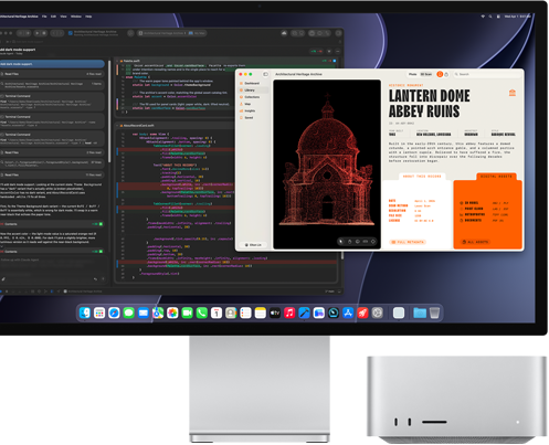 Studio Display XDR, екранът показва документ в процес в Claude Agent в XCode, Mac Studio, изглед отпред