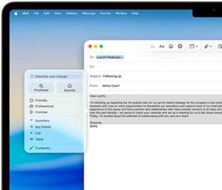 MacBook Air екран, показващ създаване на имейл с Apple Intelligence Инструменти за писане