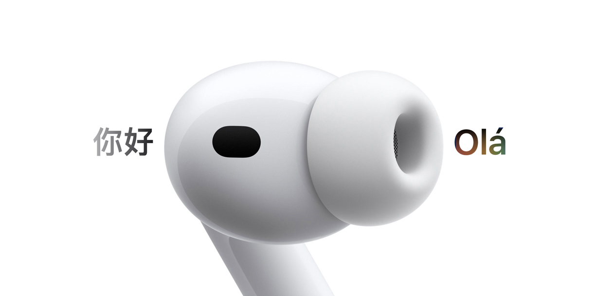 AirPods Pro 3, fone de ouvido com ponta de silicone, a Tradução ao Vivo altera do espanhol para o inglês os caracteres que dizem 'Olá'