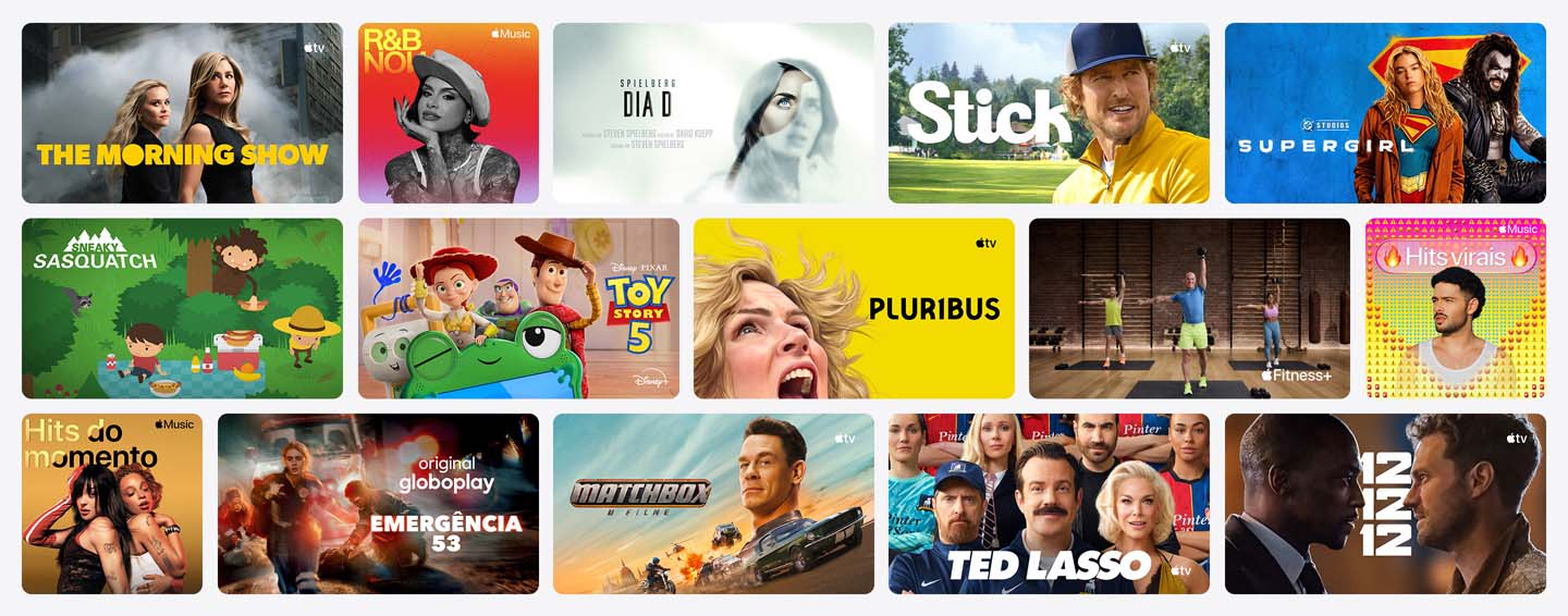Grade com imagens da programação do Apple TV, Apple Music, Apple Fitness+, Apple Arcade e canais parceiros