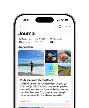 App Journal ouverte sur une entrée de journal quotidienne, photos d’une journée à la plage et texte sur les rêves de la personne sur iPhone
