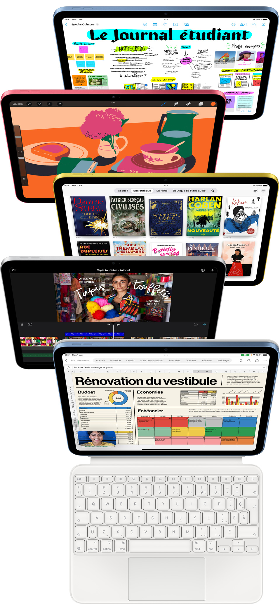 Vue avant de plusieurs iPad affichant les apps Freeform, ProCreate, Livres, iMovie et Excel.