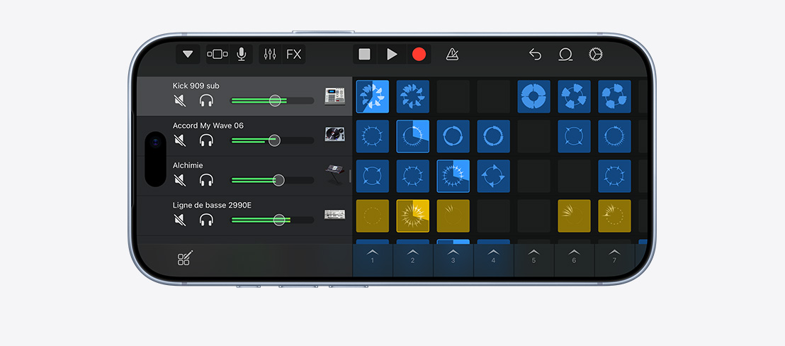iPhone 18 Pro, couleur glacier, face avant en position horizontale, GarageBand en cours d’utilisation