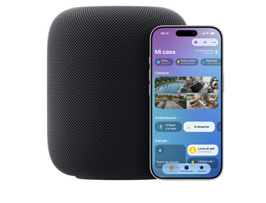 Imagen que muestra un HomePod color medianoche junto a un iPhone con la interfaz de 'Mi casa' en la app Casa
