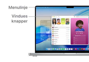 En præsentation af navigationsmulighederne i macOS, f.eks. menulinjen øverst på skærmen af MacBook-enheden og Docken.