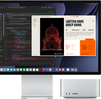 Studio Display XDR, ekraanil on XCode'is Claude Agentis töödeldav dokument, Mac Studio, eestvaade