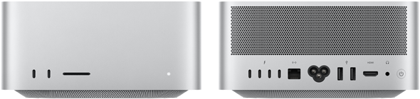 Mac Studio, esikülg, kaks USB‑C liidest, SDXC-kaardipesa, olekunäidik, alumises osas kitsenev alus, lame ülaosa, ümarad küljed, sirged servad, hõbedane, Mac Studio, tagakülg, perforeeritud alumiiniumist õhuava, neli Thunderbolt 5 liidest, üks Etherneti liides, toitepesa, kaks USB-A liidest, HDMI-liides, kõrvaklapipesa ja toitenupp