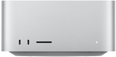 Mac Studio, esikülg, kaks USB‑C liidest, SDXC-kaardipesa, olekunäidik, alumises osas kitsenev alus, lame ülaosa, ümarad küljed, sirged servad, hõbedane, Mac Studio, tagakülg, perforeeritud alumiiniumist õhuava, neli Thunderbolt 5 liidest, üks Etherneti liides, toitepesa, kaks USB-A liidest, HDMI-liides, kõrvaklapipesa ja toitenupp