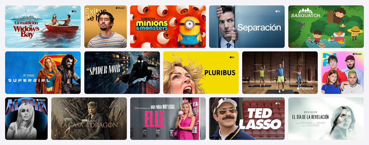 Cuadrícula con carteles de Apple TV, Apple Music, Apple Fitness+, Apple Arcade y varios canales