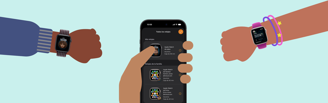 Ilustración de dos muñecas infantiles con sendos Apple Watch SE 3, una mano adulta sostiene un iPhone