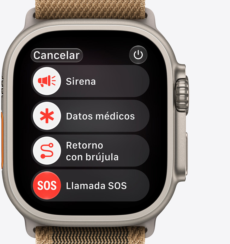Apple Watch Ultra 4, caja de titanio, color natural, opciones de asistencia en pantalla: sirena, Datos Médicos, Retorno con Brújula, llamada de emergencia