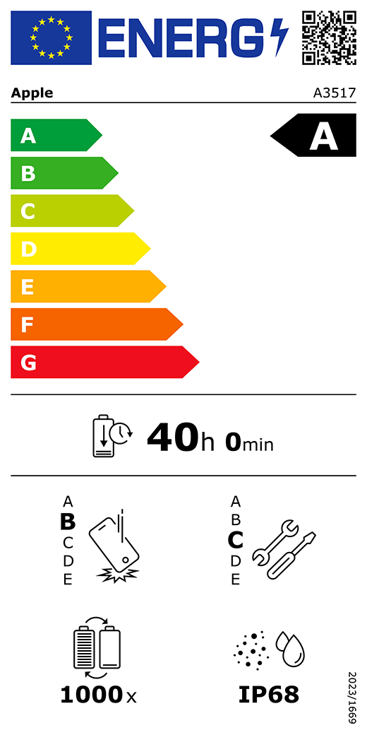 EU-energielabel, QR-code en informatie, Apple model A3517, klasse A, energie-efficiëntieklassen (met schaal van A tot G), A (meest efficiënt) tot G (minst efficiënt), batterijduur per cyclus, 40 uur en 0 minuten per keer volledig opladen, betrouwbaarheidsklasse B bij herhaaldelijke vrije val, A (meest robuust) tot E (minst robuust), repareerbaarheidsklasse C, A (gemakkelijkst repareerbaar) tot E (moeilijkst repareerbaar), levensduur batterij 1000 cycli, classificatie IP68 voor bescherming tegen binnendringen van stof en water (IP), verordening 2023/1669.