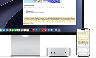 Μπροστινή όψη του Mac mini τοποθετημένου κάτω από μια οθόνη Studio Display, ένα iPhone βρίσκεται στα δεξιά της συσκευής και της οθόνης, κείμενο επιλεγμένο με τις εντολές αποκοπής, αντιγραφής, επικόλλησης και αυτόματης συμπλήρωσης παραπάνω στο iPhone ταιριάζει με το επισημασμένο κείμενο στην οθόνη, παρουσίαση του Universal Clipboard