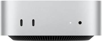 Mac mini, μπροστινή όψη, δύο θύρες Thunderbolt, λυχνία ένδειξης κατάστασης και υποδοχή ακουστικών, μαύρη βάση με κωνικό σχεδιασμό στο κάτω μέρος, επίπεδη κορυφή, στρογγυλεμένες πλευρές, ευθείες άκρες, ασημί χρώμα
