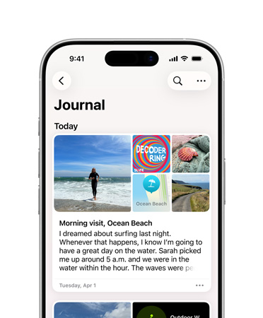 iPhone 上開啟了日記 app 的一則日記,圖像展示沙灘遊玩的一天,以及有關夢想的文字