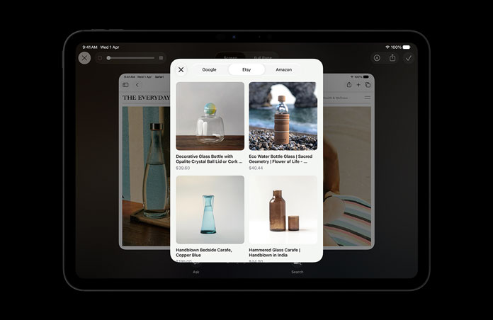 iPad Pro 11, Space Black, screen shows image of products in response to Visual Intelligence onscreen query about glass bottles, Ask or Image Search buttons displayed under images