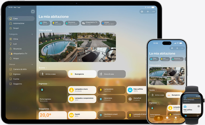 L’app Casa su iPad, iPhone e Apple Watch, ognuno dei quali mostra la dashboard La mia abitazione con videocamere, temperatura, scene e controlli dei dispositivi.