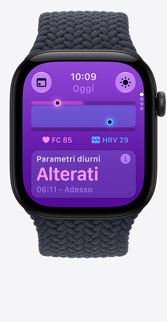 Apple Watch Series 12, cassa in alluminio nero, app Parametri Vitali, grafico con riepilogo dei dati sanitari, battiti cardiaci attuali al minuto, parametri vitali giornalieri alterati, cinturino Solo Loop intrecciato blu marino