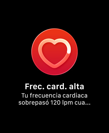 Notificación de frecuencia cardiaca, círculo rojo, ícono de corazón en el centro'
