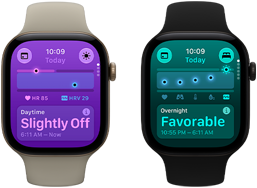 Du „Apple Watch Series 12“: aliuminio korpusas, šviesaus aukso spalva, dienos rodikliai šiek tiek nukrypę, „Digital Crown“, smėlio spalvos sportinis dirželis, aliuminio korpusas, juoda spalva, palankūs nakties rodikliai, „Digital Crown“, juodas sportinis dirželis