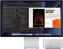 „Studio Display XDR“, ekrane rodomas „Claude Agent“ redaguojamas dokumentas programoje „XCode“, „Mac Studio“, vaizdas iš priekio