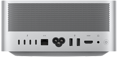 „Mac Studio“, galinė dalis, perforuoto aliuminio ventiliacijos angos, keturi „Thunderbolt 5“ prievadai, vienas eterneto prievadas, vienas maitinimo lizdas, du USB-A, vienas HDMI, viena ausinių jungtis ir maitinimo mygtukas