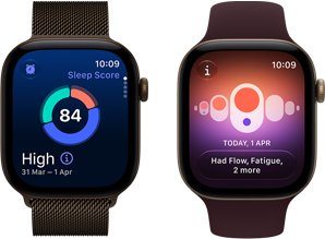 Divas Apple Watch Series 12 ierīces, tumšas bronzas krāsas alumīnija ietvars, miega rādītāju apļa diagramma, Digital Crown, tumšas bronzas krāsas Milanese Loop siksniņa, gaiša zelta krāsas alumīnija ietvars, Cycle Tracking aplikācija, Burgundijas sarkana sporta siksniņa