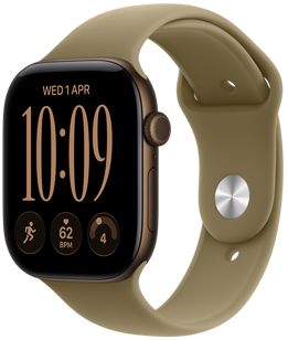 Apple Watch Series 12, alumīnija ietvars, tumšas bronzas krāsa, Modular Compact ciparnīca; komplikācijas: diena un datums, skriešanas treniņš, pulss, gatavība, labais sāns, Digital Crown, sānu poga, sporta siksniņa, olīvzaļa