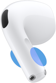 الجهة الخارجية لسماعات AirPods 5، دوائر زرقاء تحدد المكان الذي يجب لمسه في الجذع للتحكم في مستوى الصوت