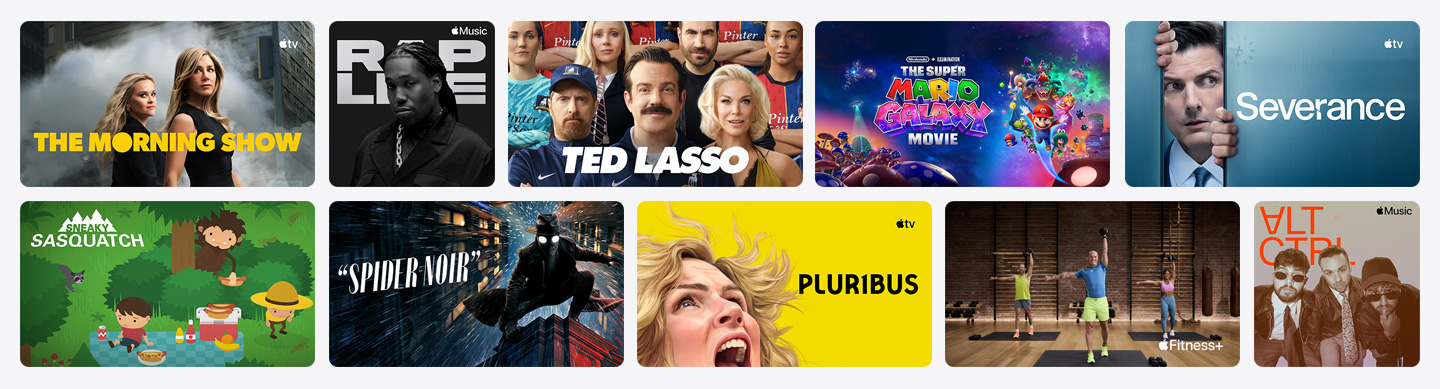 Grid of poster artwork from Apple TV, Apple Music, Apple Fitness+, Apple Arcade, and channel partners