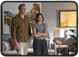 iPhone Duo, opened in horizontal position, Apple TV show 'Shrinking' plays on screen