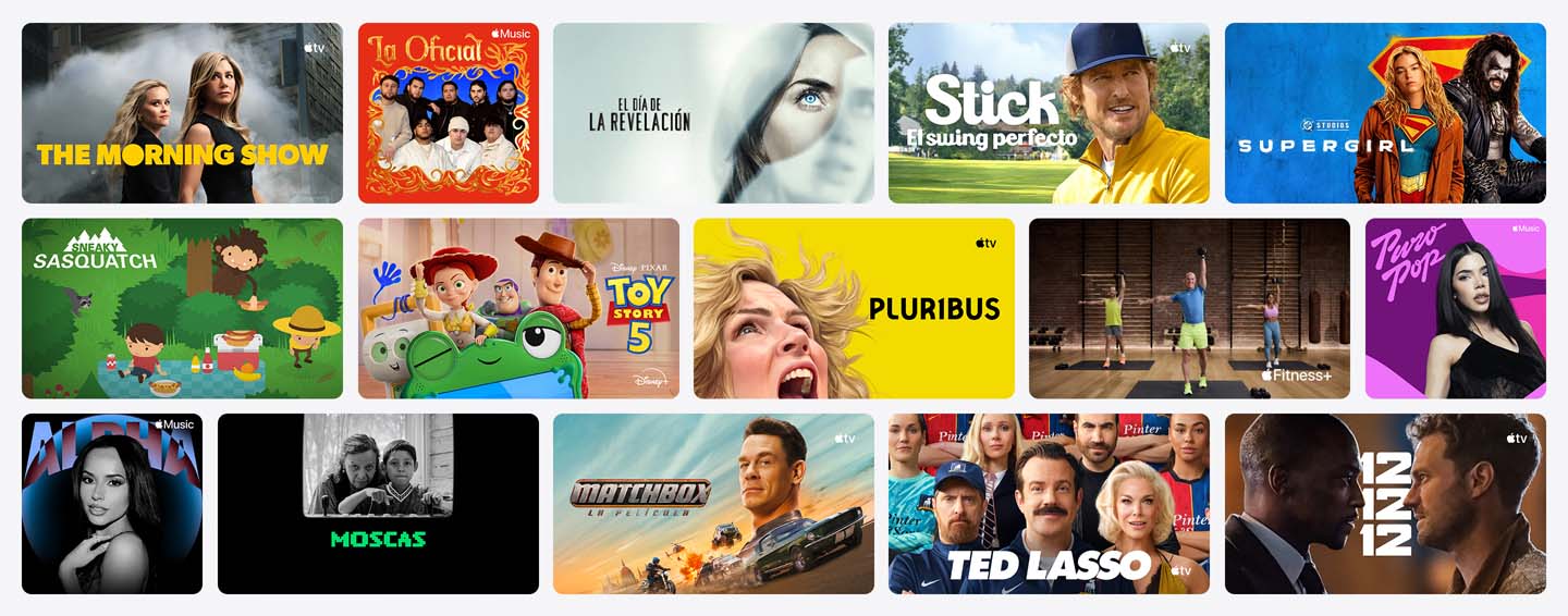 Cuadrícula con pósters de Apple TV, Apple Music, Apple Fitness+, Apple Arcade y otros canales