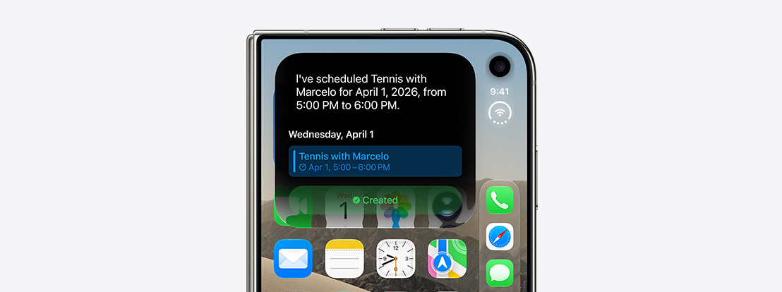 iPhone Duo, cerrado, notificación de Siri AI que muestra una actualización del calendario en la pantalla exterior