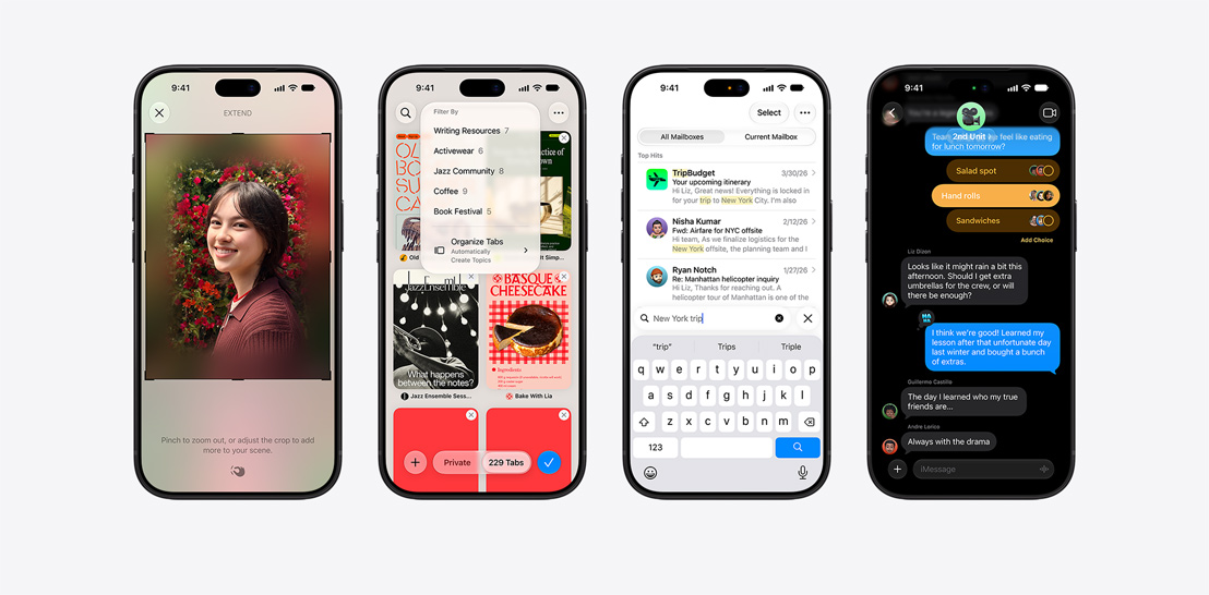 O serie de dispozitive iPhone 17 și 17 Pro, fiecare având un ecran diferit care prezintă funcțiile din iOS 26 și Apple Intelligence
