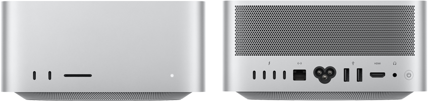 Mac Studio, vedere frontală, două porturi USB‑C, slot card SDXC, indicator luminos de stare, bază conică în partea de jos, suprafață plată în partea de sus, laturi rotunjite, margini drepte, culoare Argintiu, Mac Studio, vedere spate, aerisire din aluminiu perforat, patru porturi Thunderbolt 5, un port Ethernet, o priză de alimentare, două porturi USB-A, un port HDMI, mufă pentru căști și buton de pornire
