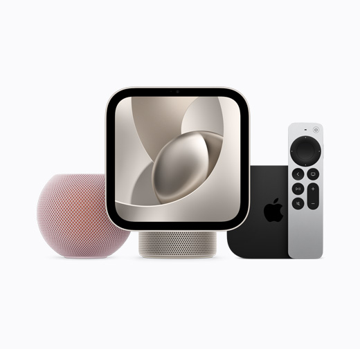 Apple Home devices, including HomePod mini 2 in pink colour, Apple HomeView, starlight colour (pale gold), and Apple TV 4K with Siri Remote