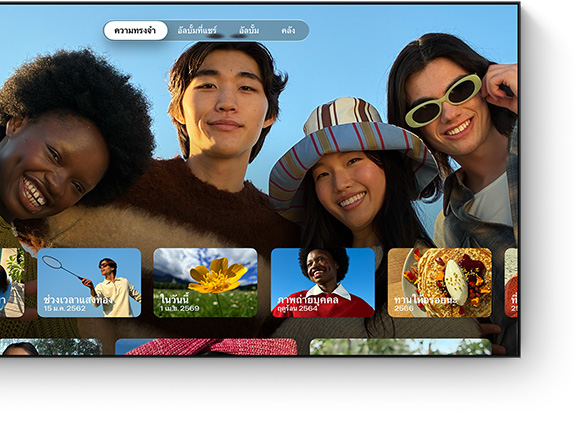 แอปรูปภาพบนหน้าจอทีวี, แถบความทรงจำที่ถูกเลือกอยู่, คน 4 คนกำลังยิ้ม, แถวของรูปย่อของความทรงจำที่มีวันที่ระบุเวลานอกด้านล่าง