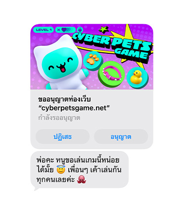 หน้าจอแสดงข้อความพร้อมภาพถ่ายหน้าจอของ cyberpetsgame.net, ปุ่มปฏิเสธและอนุมัติใต้กราฟิก, ข้อความ, พ่อครับ ผมลองเล่นเกมนี้ได้มั้ย เพื่อนผมเล่นกันหมดทุกคนเลยนะ