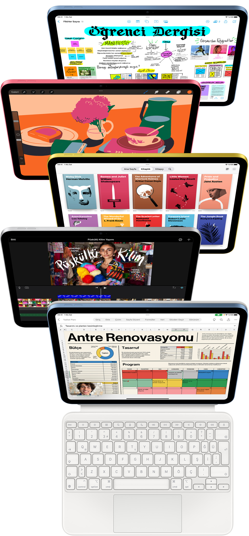 Ön yüzleri görünen iPad ekranlarında Freeform, ProCreate, Apple Books, iMovie ve Microsoft Excel ile Webex Meetings gibi çeşitli uygulamalar gösteriliyor.