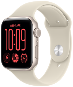 Apple Watch SE 3, корпус з алюмінію кольору «зоряне сяйво», з правого боку на годиннику розташовано коронку Digital Crown, мікрофон і бічну кнопку, спортивний ремінець пісочного кольору (блідо-бежевий), застібка pin-and-tuck (срібляста шпилька)