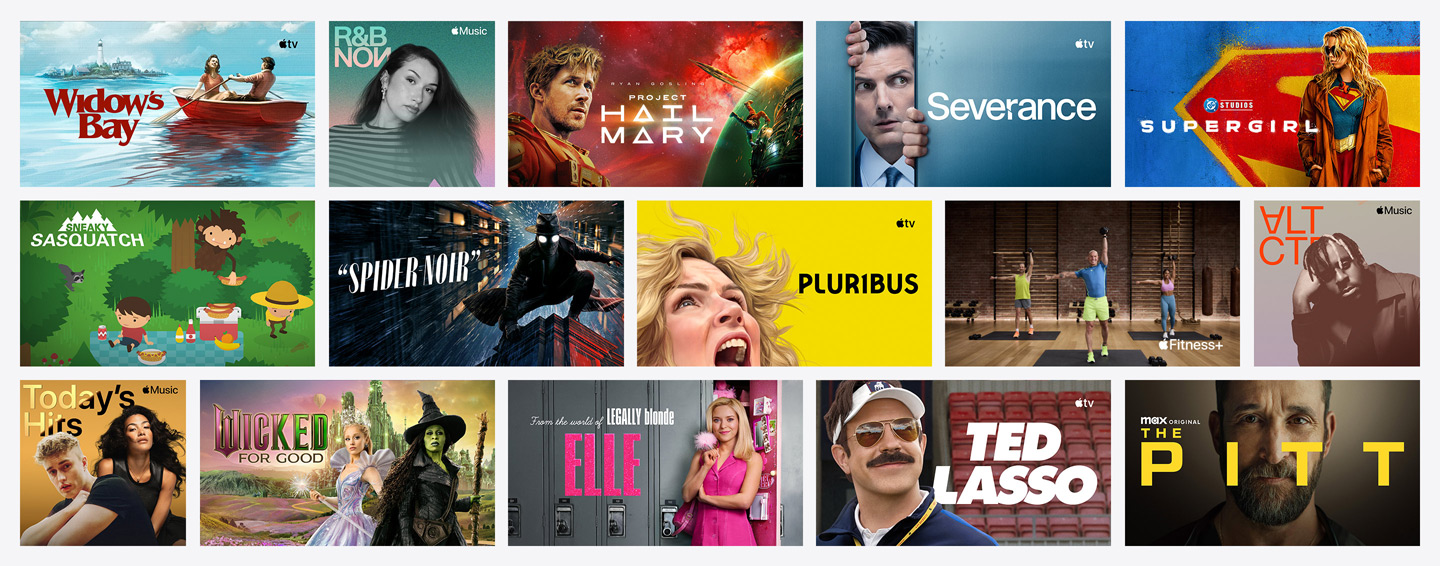 Grid of poster artwork from Apple TV, Apple Music, Apple Fitness+, Apple Arcade, and channel partners