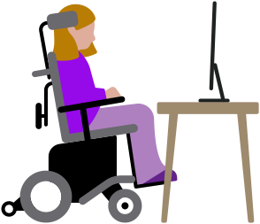 Une personne en fauteuil roulant motorisé regarde un ordinateur Mac sur un bureau