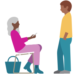 Une femme assise sur une chaise, tient un iPhone émettant des ondes sonores, face à un homme debout en train d’écouter