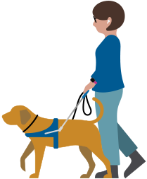 Une personne malvoyante portant des AirPods marche avec son chien d’assistance