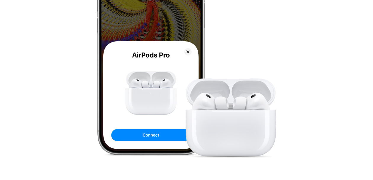 En iPhone 17 Pro med tilkoblingsvalg på skjermen vises ved siden av AirPods Pro 3 og et MagSafe-ladeetui (USB-C).