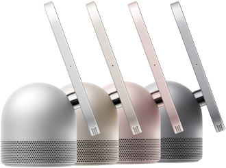 Apple HomeView, four devices in a row, side exterior, in silver color, starlight color (pale gold), rose pink color, and space gray colors showing perforated speaker grilles