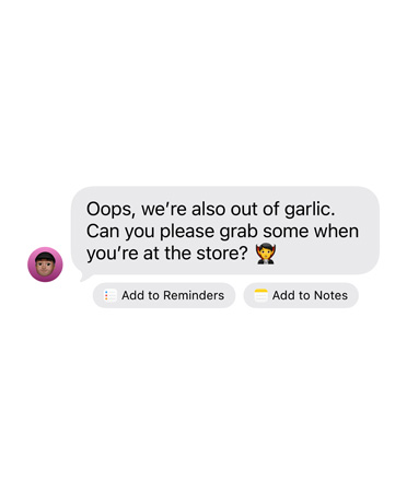 Un iMessage reçu avec deux boutons d’action suggérés en dessous : Ajouter aux rappels et Ajouter à Notes