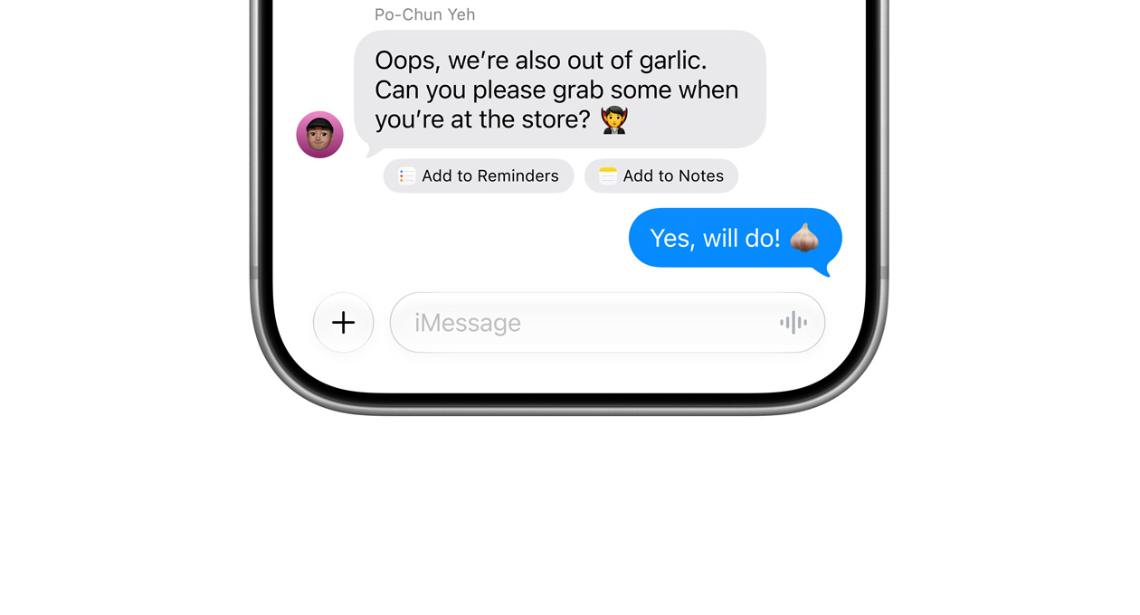 Des options permettant de créer un rappel ou une note s’affichent dans l’app Messages
