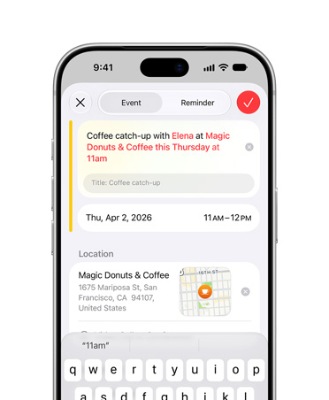 iPhone 17 Pro argent, écran montrant Apple Intelligence créant un évènement dans Calendrier à partir d’une description fournie par la personne utilisatrice